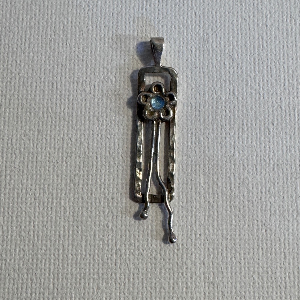 Artisan Flower Pendant Women .925 Silver Blue Gemstone Brutalist Hammered Boho